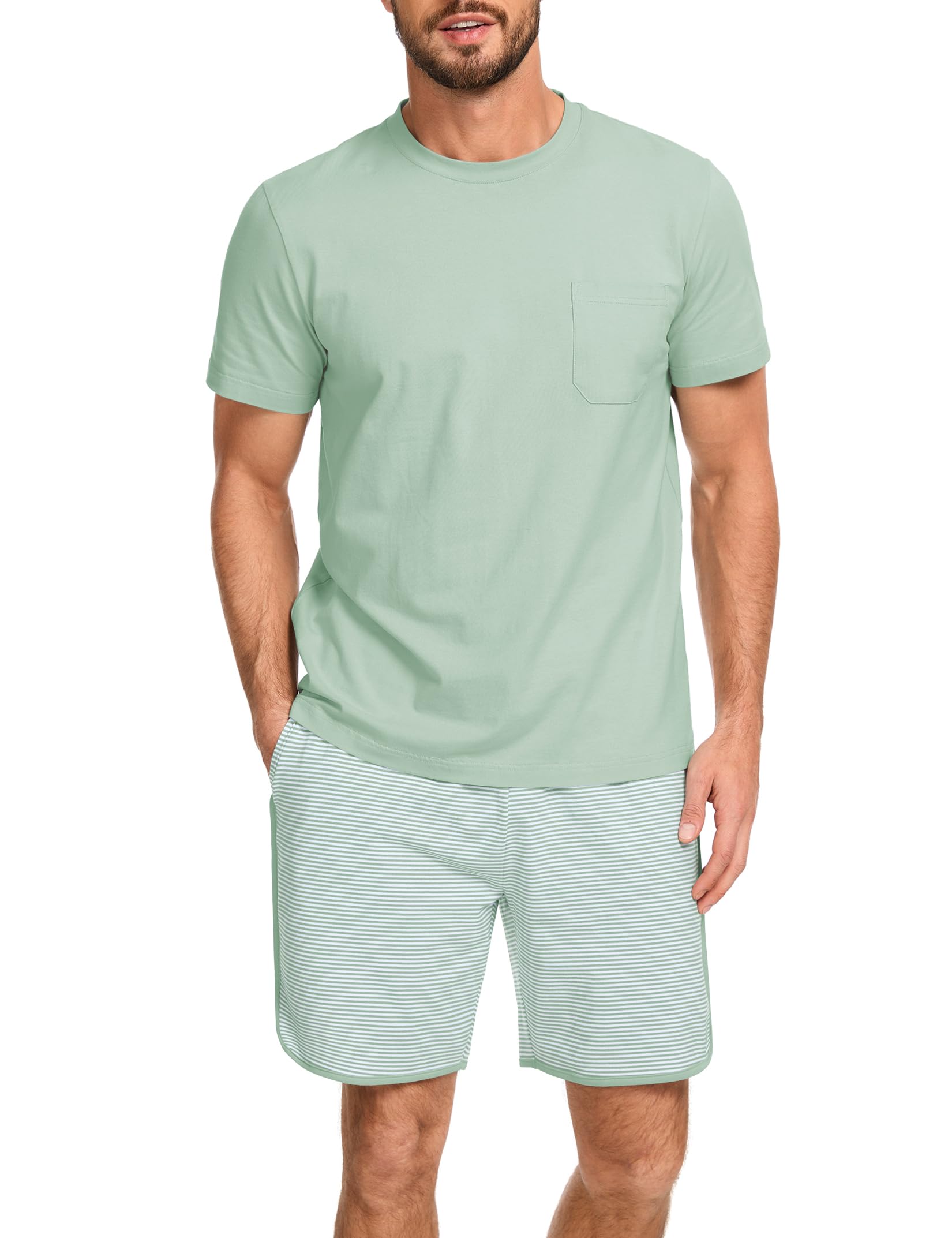 Atforna Schlafanzug Herren Kurz Streifen Pyjama Set Sommer Baumwolle Schlafanzüge für Männer Nachtwäsche Shorty Zweiteiler Pijamas
