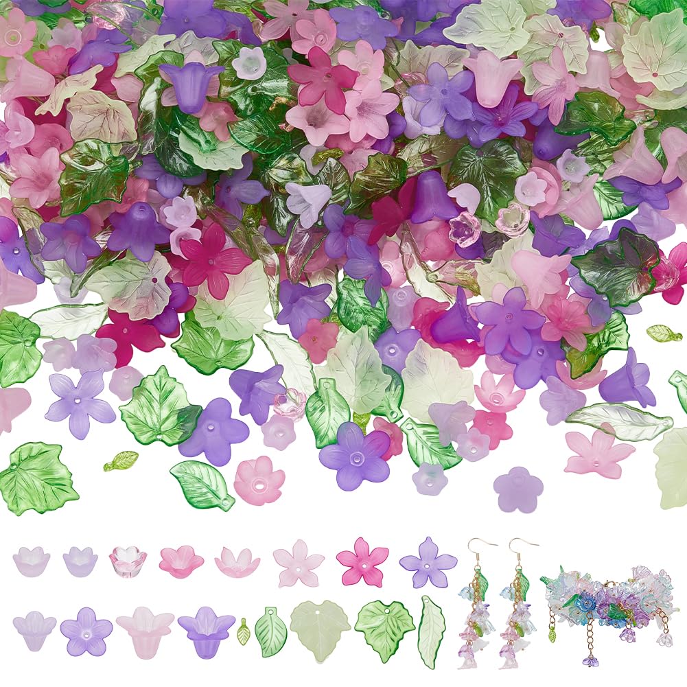 Perles acryliques givrées effet mat NBEADS, fleurs et feuilles violettes rouges, 520pcs