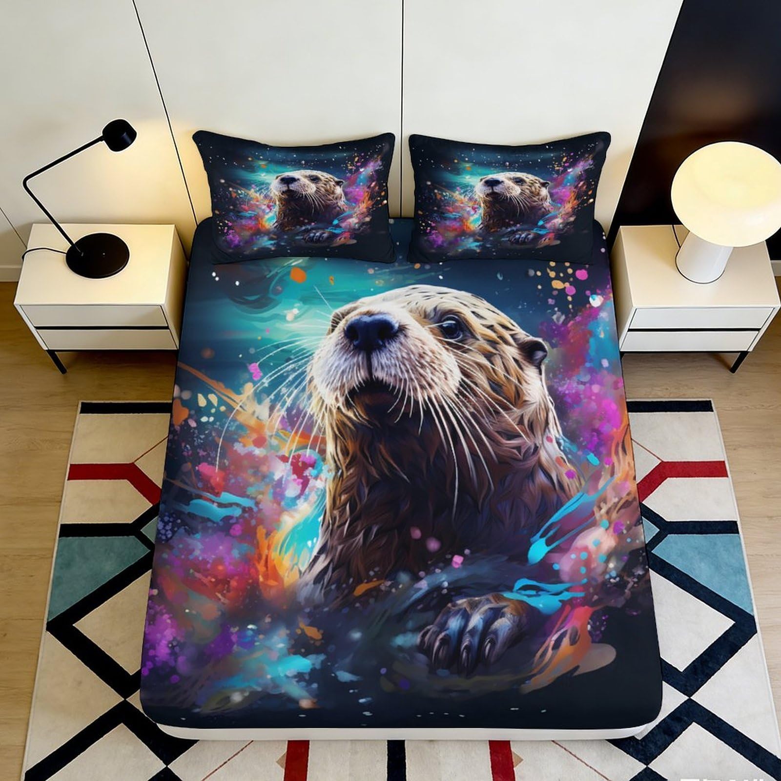3D Printed Otter Art Fitted Sheet Microfiber Soft Splash Color Mattress Cover for Bedroom Dorm Mattress Protection Decor 160x200x25cm