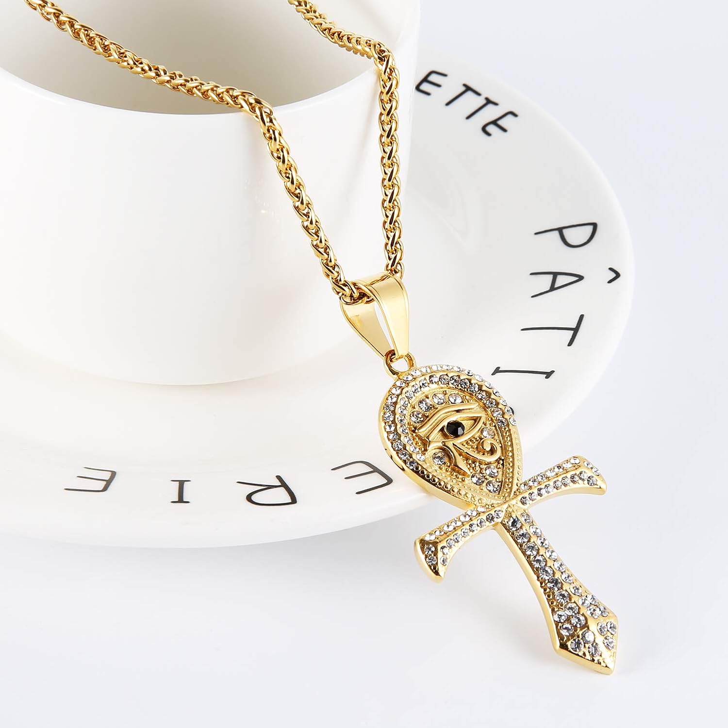 Miniatura 2 de HZMAN Collar religioso de acero inoxidable con dije de protección de ojo de Horus Egipto con cruz copta Ankh, Zirconia cúbica