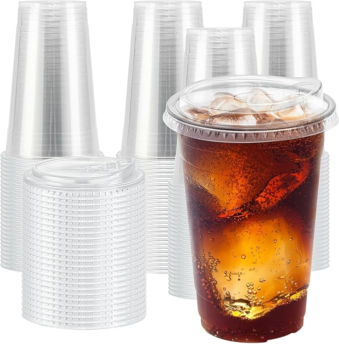 Clawsoff 20 oz 100 Pack Clear Plastic Cups with Lids, Sturdy Iced Coffee Cups with Sip Lids, Disposable Food Safe Smoothie Cup for Cold Drinks, Juice, Milkshake