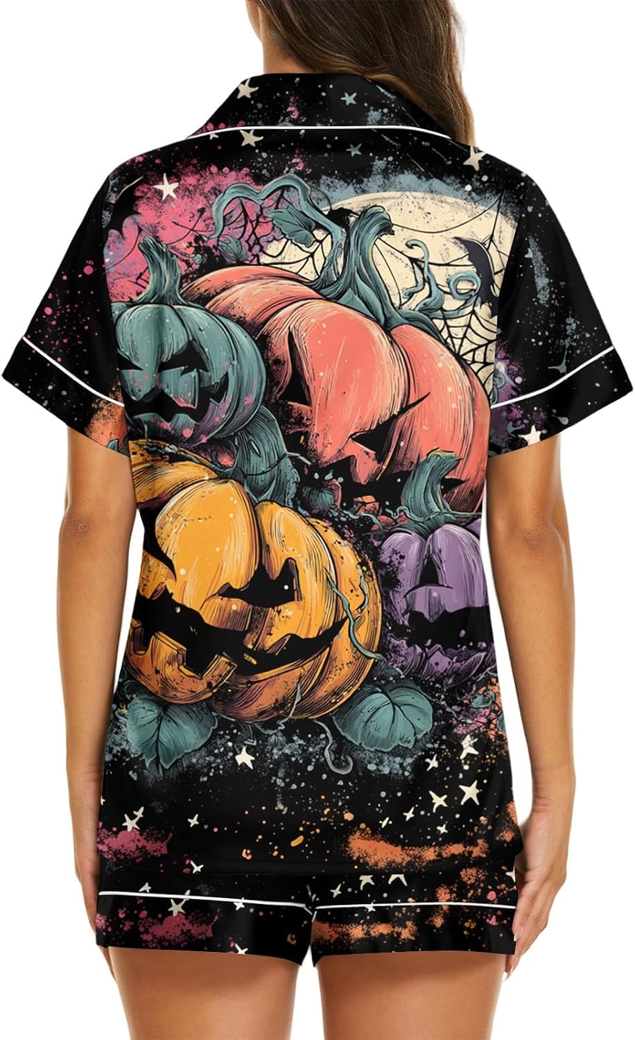 Women Short Sleeve Halloween Pajama Set Elastic Waist Shorts Soft Fall Loungewear Ghost Bat Spider Pumpkin Skeleton