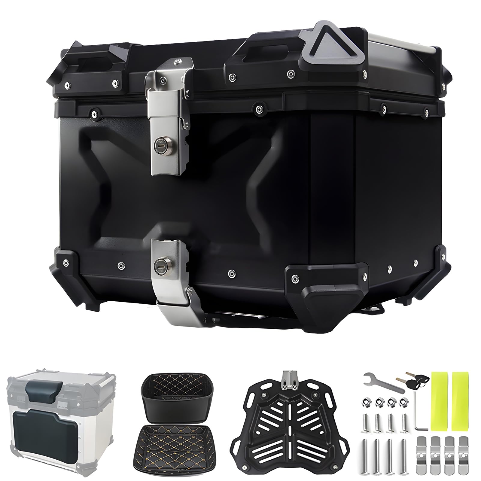Topcase für Roller, Motorrad Aluminium, Wasserdicht Motorradkoffer mit Sicherheitsschloss und Rückenlehne, Top-Cases für Roller, Motorrad, Quad (X-Black, 80L)