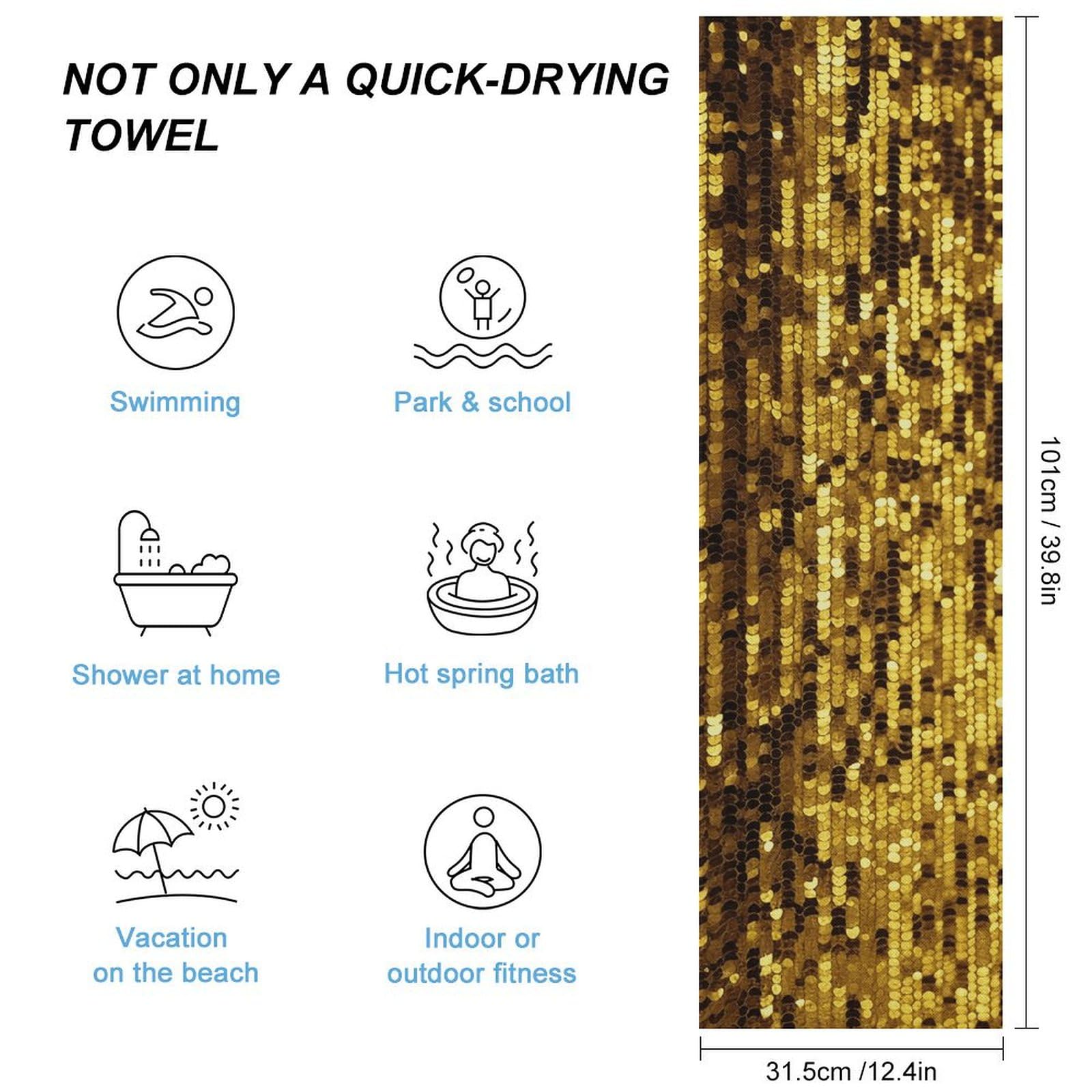 FHESDCW Gold Sequin Sparkle Towel Quick Dry Ice Towels for Hot Weather Breathable Camping Towels Sweat Super Absorbent Bathroom Towel for Gym Yoga Pilates Exercise