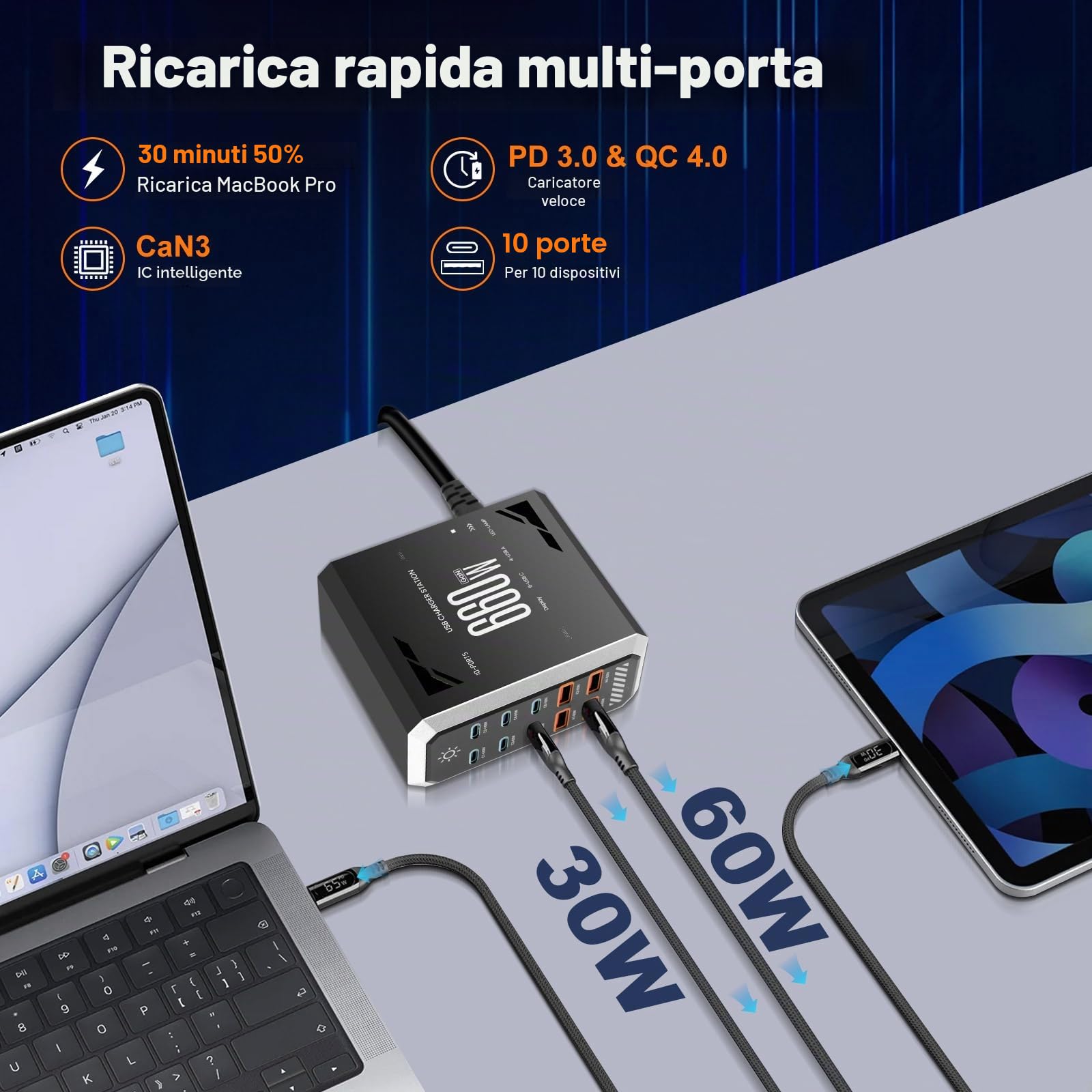 Caricatore USB C 660 W multiplo, stazione di ricarica rapida a 10 porte con 6 porte C + 4 porte A per MacBook Pro/Air, iPad/iPhone 15Pro/Samsung, ecc