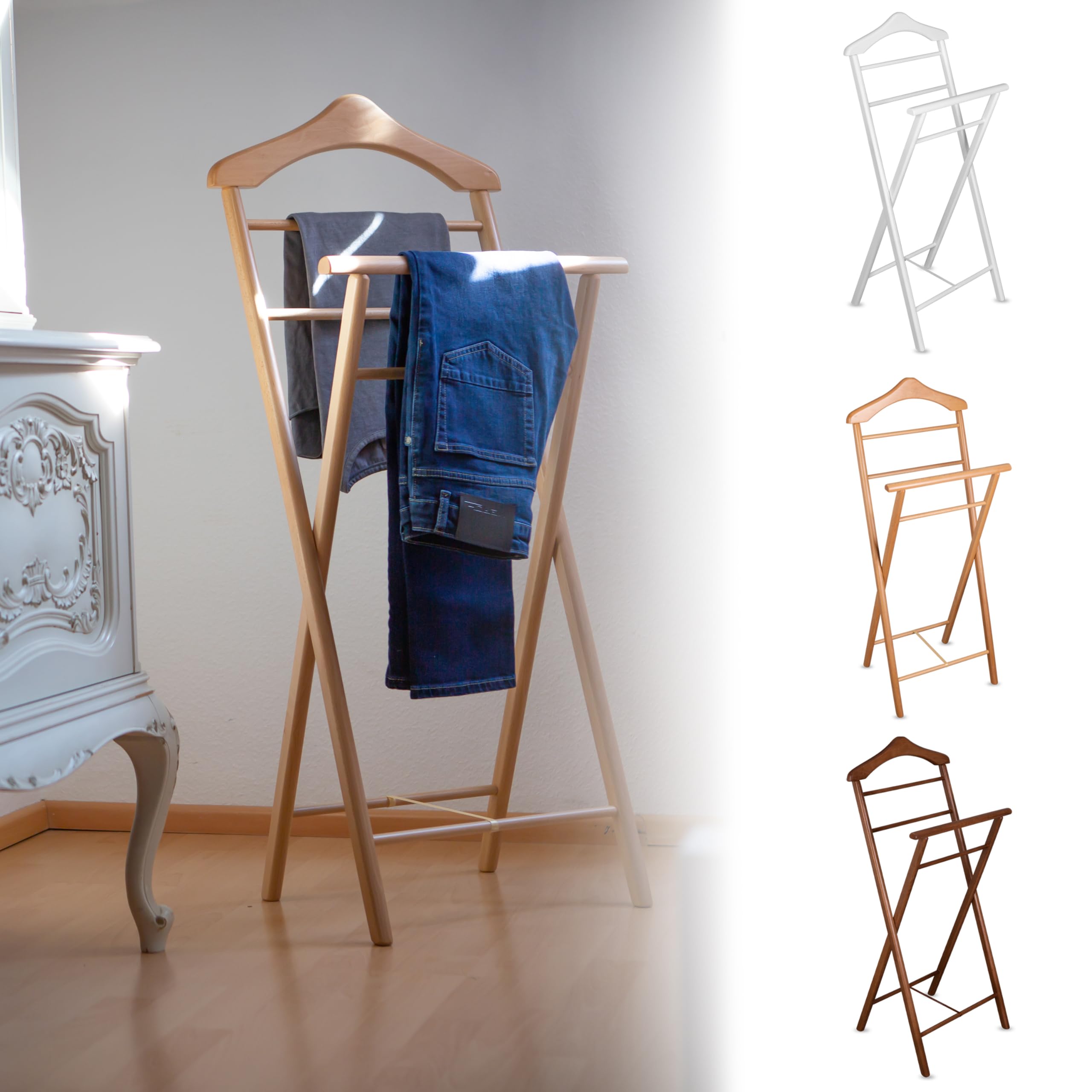 Herrendiener aus Massivholz in 3 Farben – fertig montierter Kleiderbutler & Stummer Diener – stabiler Stiller Diener für Schlafzimmer, Ankleide, Garderobe & Bad I Kleiderablage (Buche)