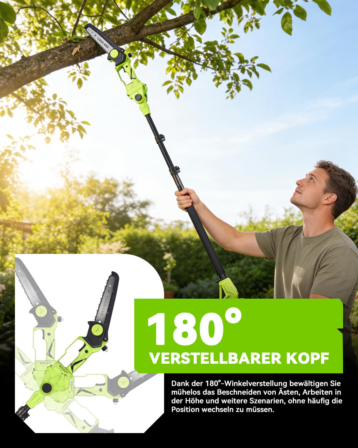 2 en 1 Elagueuse sur Perche, 8 Pouces Mini Tronçonneuse Electrique avec 2 Batteries 3.0Ah et Perche Télescopique, Outils de Jardinage pour l'élagage des Arbres et la Coupe des Branches