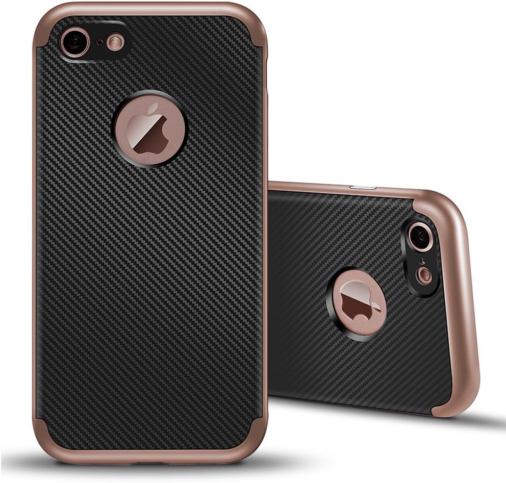 iPhone 8 Case,iPhone 7 Case,MINIMALISM 2 in 1 Ultra Thin and Slim TPU Shockproof Protective Case Coated Carbon Fiber Finish Surface with PC Hard Frame for Apple iPhone 7/iPhone 8- Rose Gold