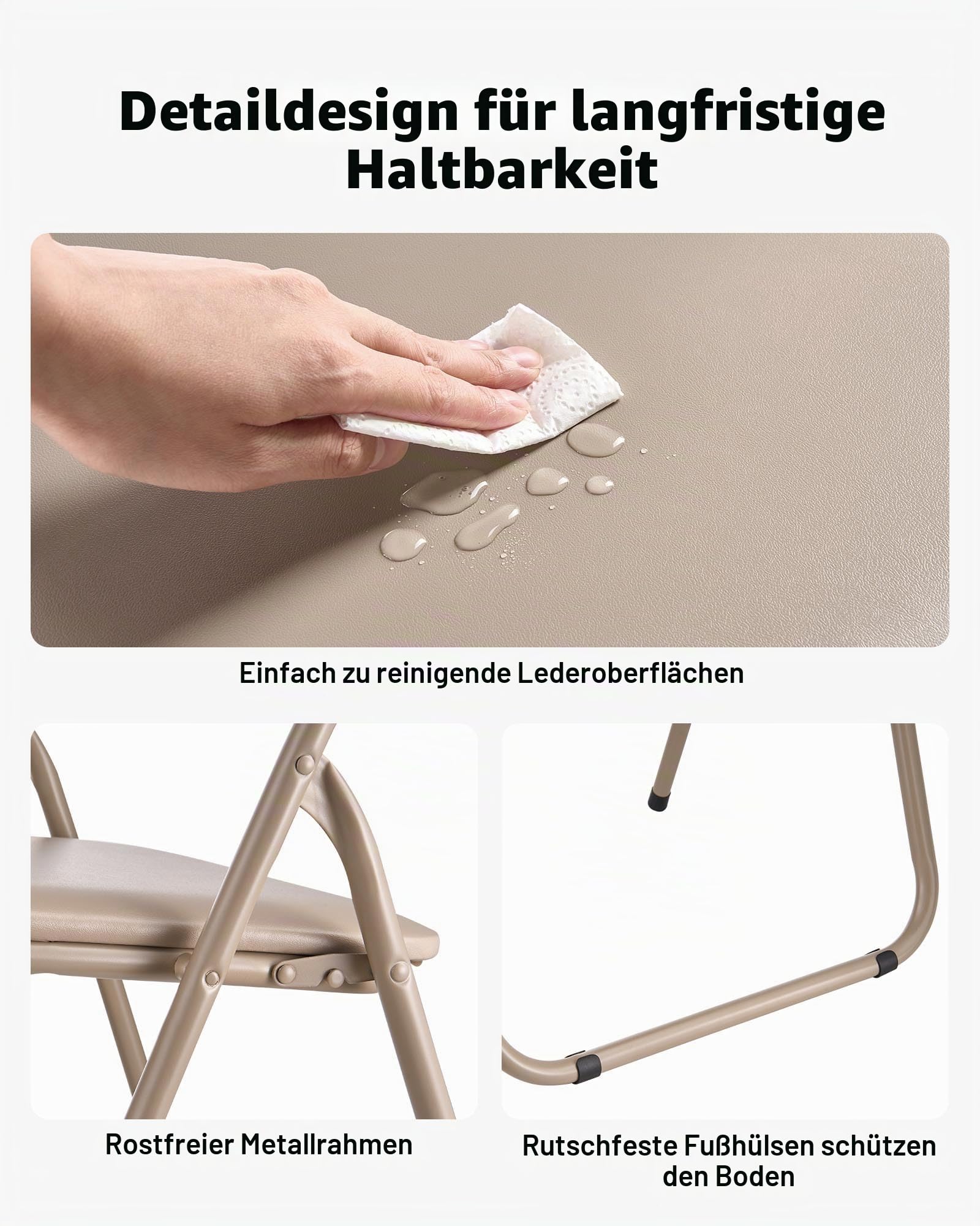 VEVOR 4 STK. Klappstühle Faltbarer Lederstuhl Campingstuhl mit Metallrahmen und gepolstertem Kissen, stapelbare Sitze für drinnen und draußen Khaki