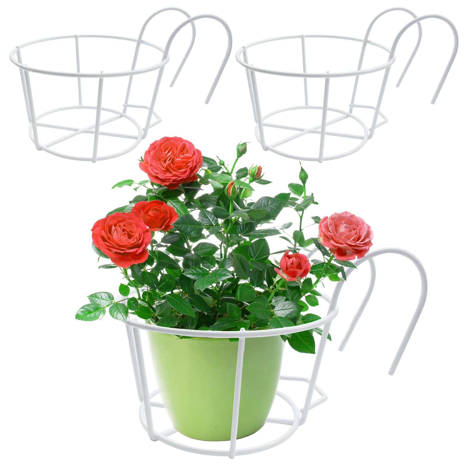 3 soportes colgantes para macetas, soporte redondo para macetas de balcón, cestas redondas de metal para macetas, soporte para macetas, colgador para casa, balcón, jardín, barandilla, valla (blanco)
