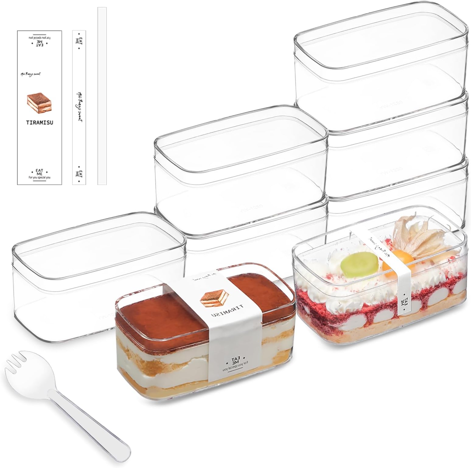 Plastic Rectangle Dessert Cups Boxes with Lids and Sporks,packaging for baked,Cookie Tiramisu Containers for Fruit,Pudding,Mousse,Parfait Cups With Lids(20, Rect 4.6*2.4*2 IN-Boxes+Sporks+stickers)