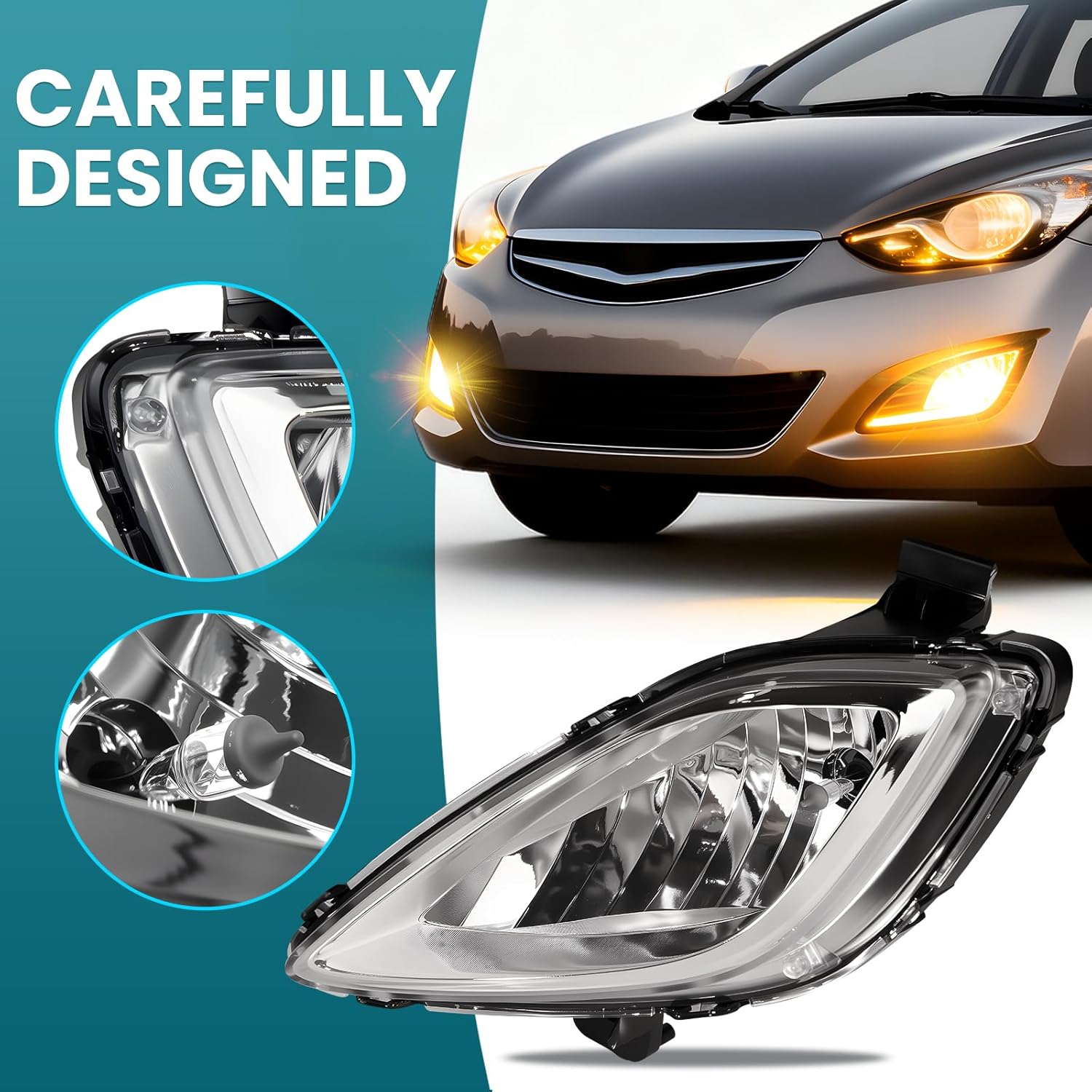 Fog Light Assembly Compatible with Elan-tra 2011-2013 Bumper Lamp Right Left Side Halogen Bulbs Clear Lens