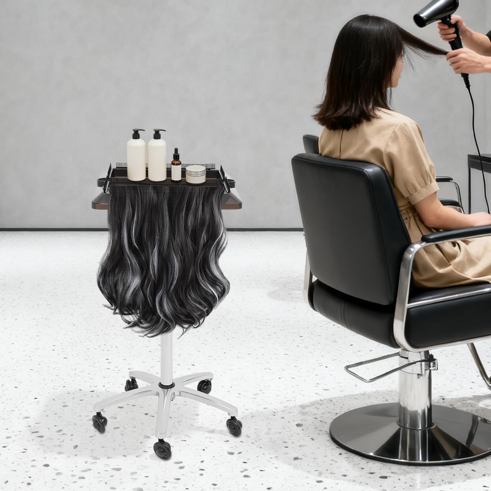 Carrito de Peluquería con Ruedas Altura Ajustable 70-110cm Bandeja para Pelucas y Herramientas Carrito de Salón Rodante con 5 Ruedas Suaves Peluquería Soporte de Peluquería Desmontable