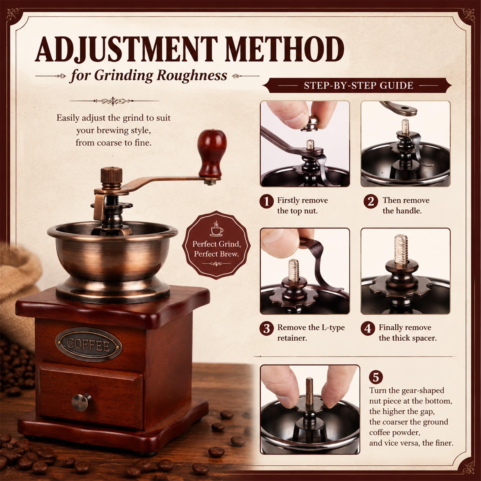 Manuelle Kaffeemühle Einstellbare Grobheit Kaffeemühle Mahlwerk Kaffeebohnenmühle Vintage Holz Handmühle Handheld Kaffeemühle für Haus Küche Büro Camping Reisen