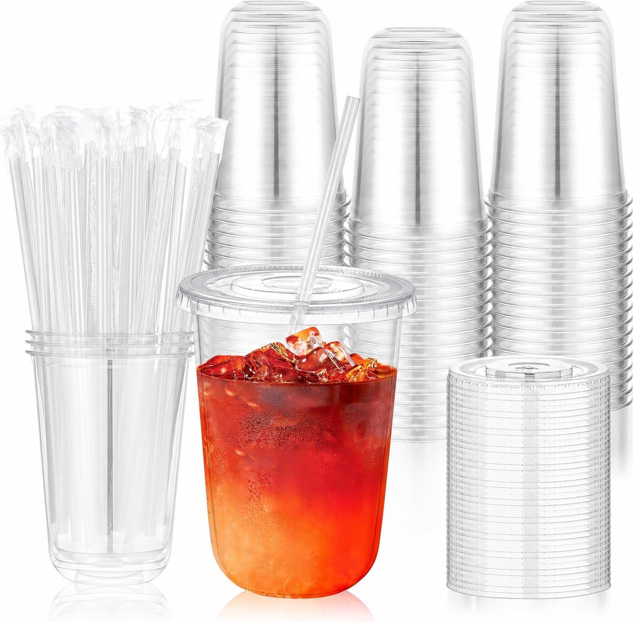KesaPlan 50 Pack 16 oz Clear Round Bottom Plastic Cups with Lids and Straws