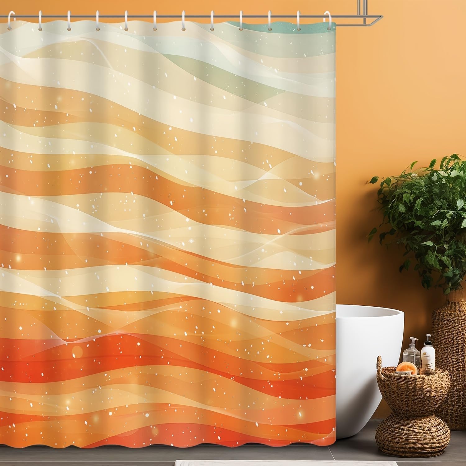 Rideau de Douche Orange et Beige 300 x 200 cm (L x H), Motif Abstrait dégradé de Lignes ondulées, Style bohème, Lavable et imperméable, avec Crochets