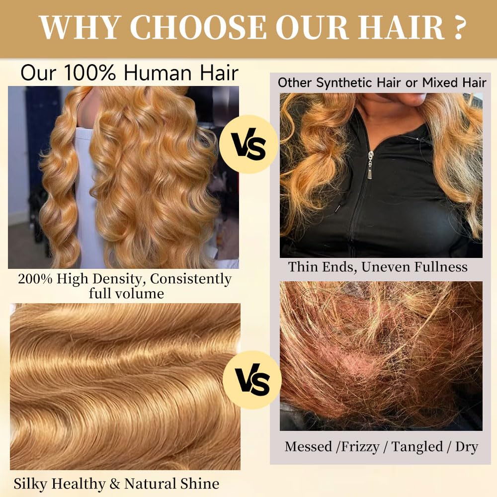 26 Inch Honey Blonde Wig Human Hair 200% Density Soft 100% vigin Hair Full Body Wave 13x6 Skinlike HD Frontal Wigs Human Hair Colored #27 Honey Blonde Wig No Tangle No Shedding Triple Lifespan 3X