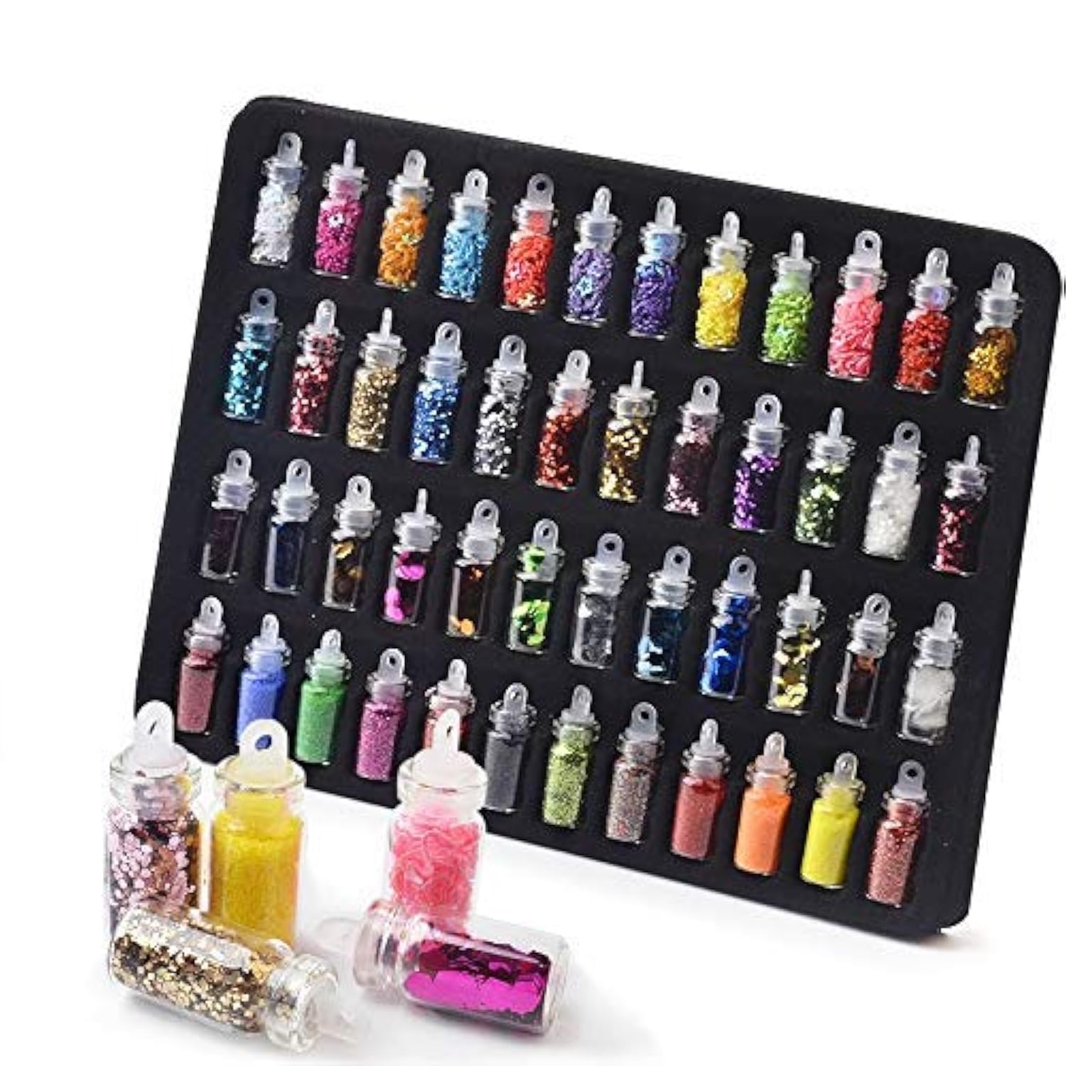 TREXEE 48 in 1 Set of 3D Nail Art Glitter Bottle, Sequins, Rhinestones, Beads ( Multicolour )