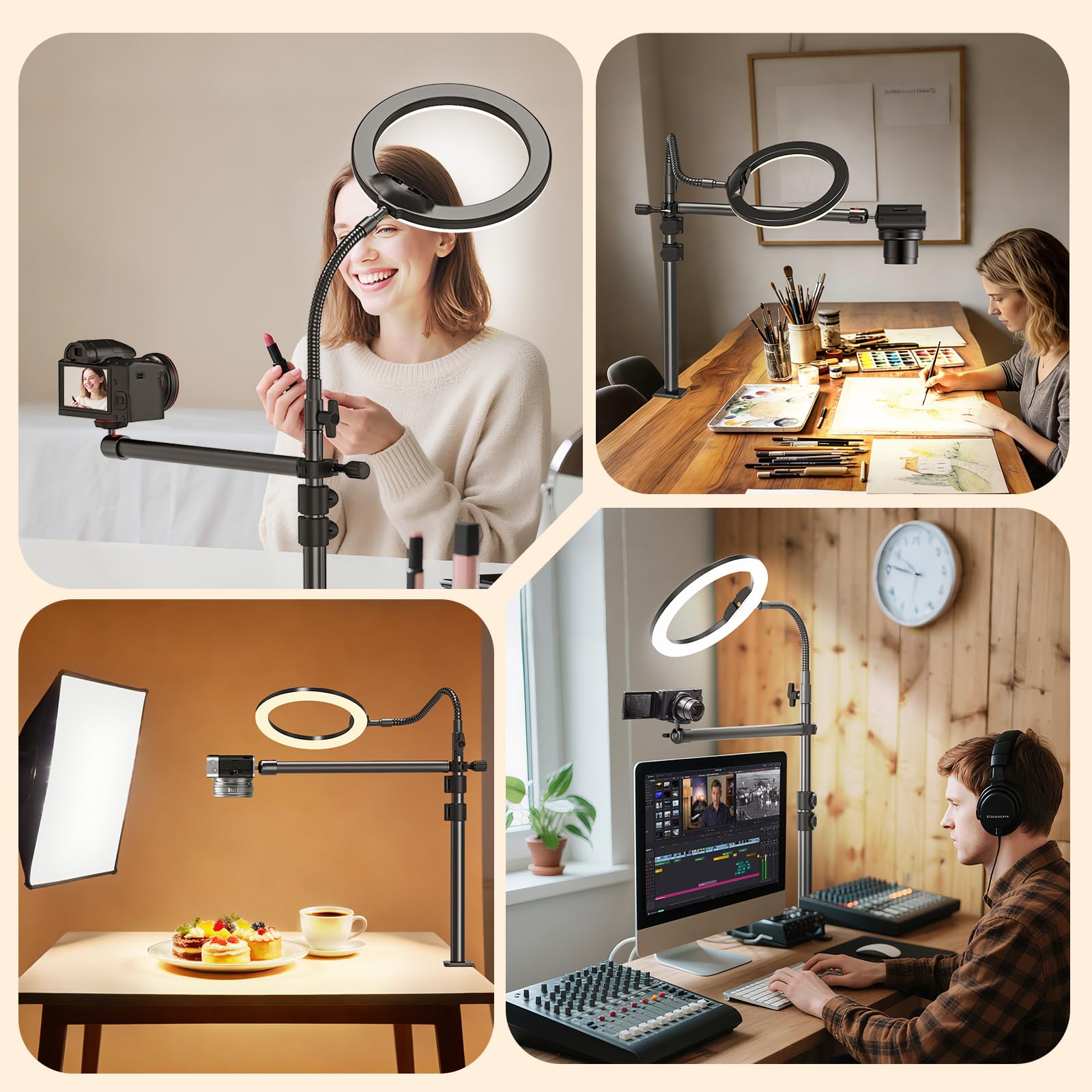 Supporto da tavolo per fotocamera con collo di cigno flessibile, 34-108 cm, con braccio flessibile e testa a sfera da 1/4" per DSLR, luce ad anello, Live Streaming, riprese video