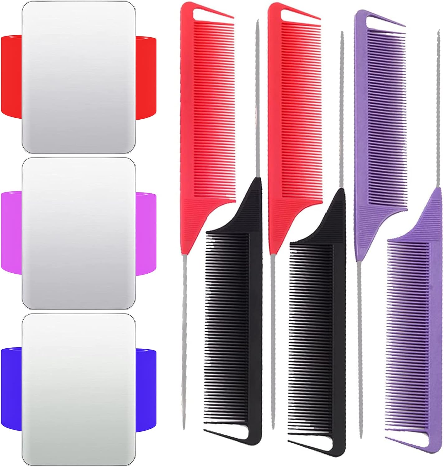 FEROTED 3 Pcs Magnetic Wrist Sewing Pincushion and 6 Pcs Rat Tail Hair Combs Set, Teasing Combs with Stainless Steel Pintail for Hair Stylist, Magnetic Pin Holder with Silicone Wristband for Sewing