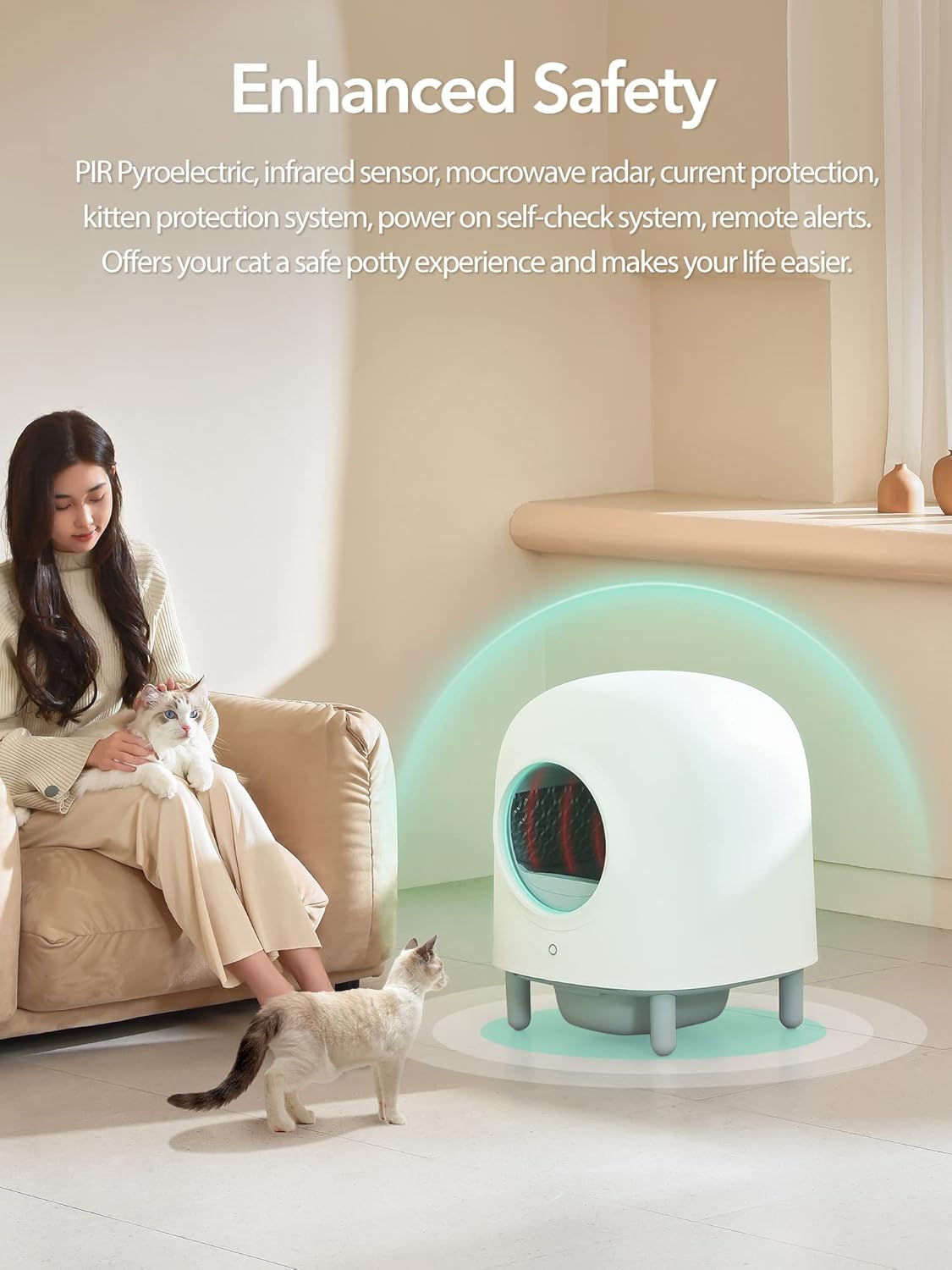 A woman petting a cat next to the Petree P1PRO litter box, which emits a green glow indicating its safety features are active.