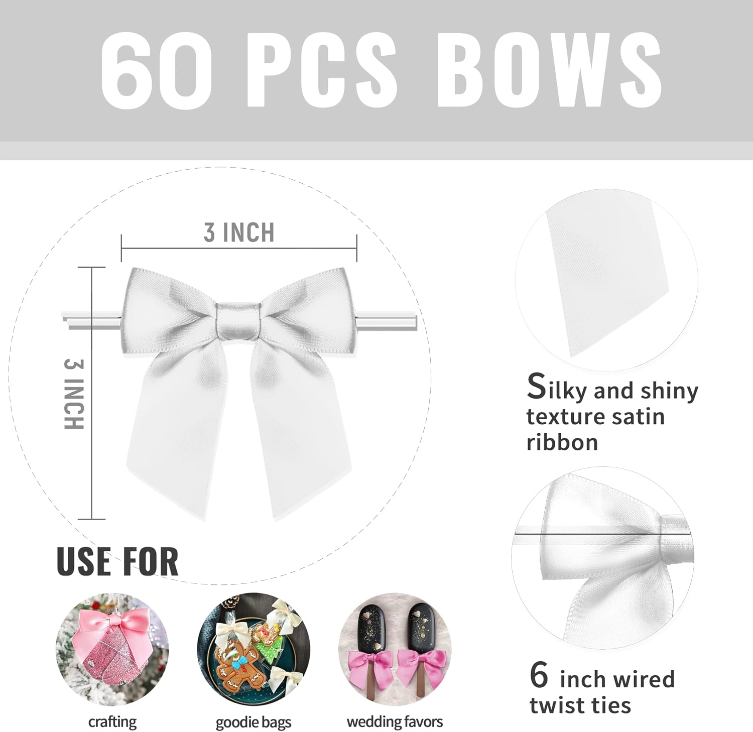 Rainbow Pana 60 Pack Twist Tie Bows for Treat Bags 3" Small Silver Satin Ribbon Bows for Package Craft Gift Wrapping Decoration image 2