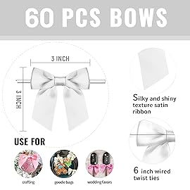 Rainbow Pana 60 Pack Silver Glitter Bows, Twist Tie Bows for Treat Bags 3 Satin Ribbon Bows for Package Craft Gift Wrapping Decoration