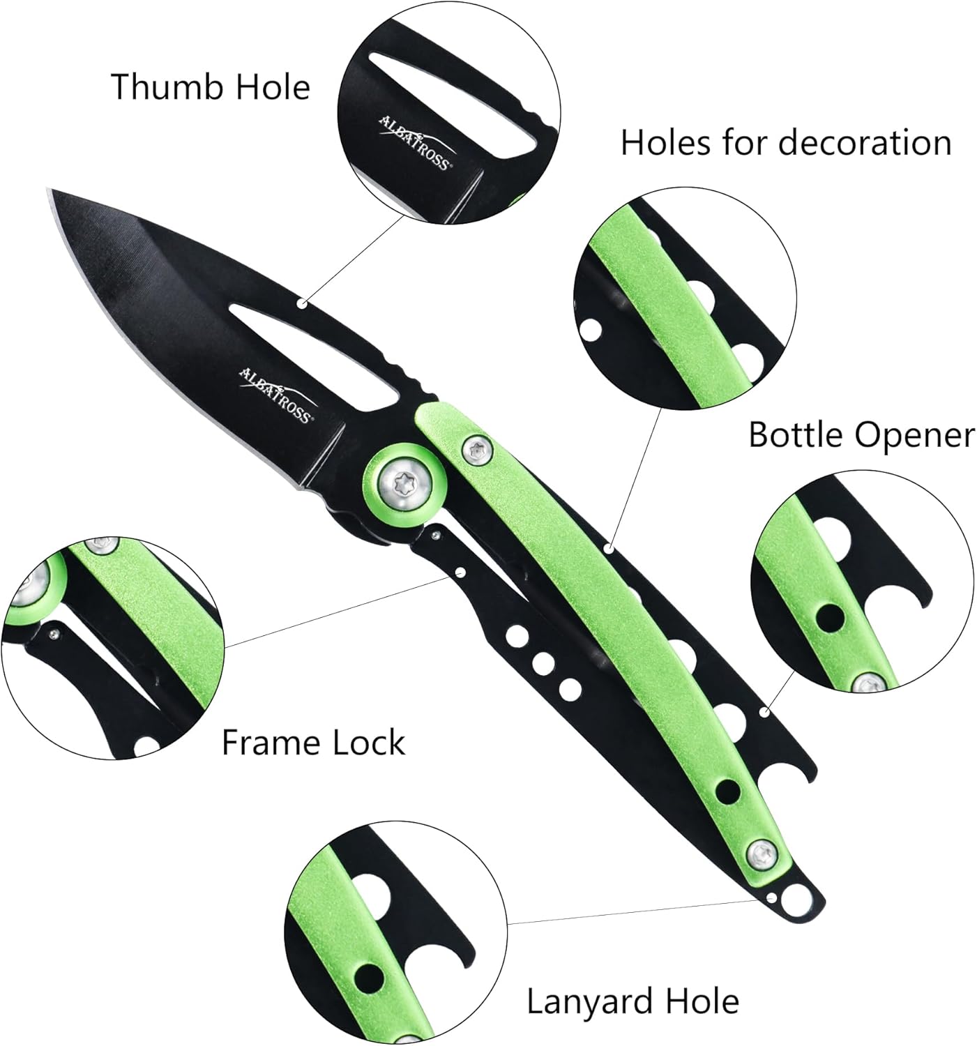 ALBATROSS Ultra-Compact Pocket Folding Knife - 3.4" Closed EDC Knife for Packages & Daily Tasks - Sleek Green Design with Bottle Opener, Lightweight 1.4 oz, AS-19205(Green)