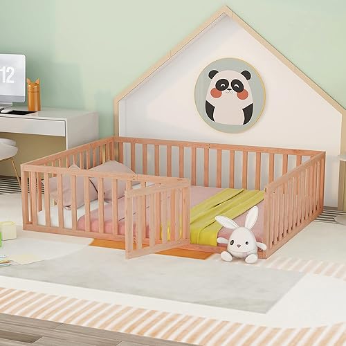 Miniatura 84 de P PURLOVE Cama de suelo de madera tamaño Queen, marco de cama con barandilla en forma de valla y puerta que se puede cerrar para niños y niñas,