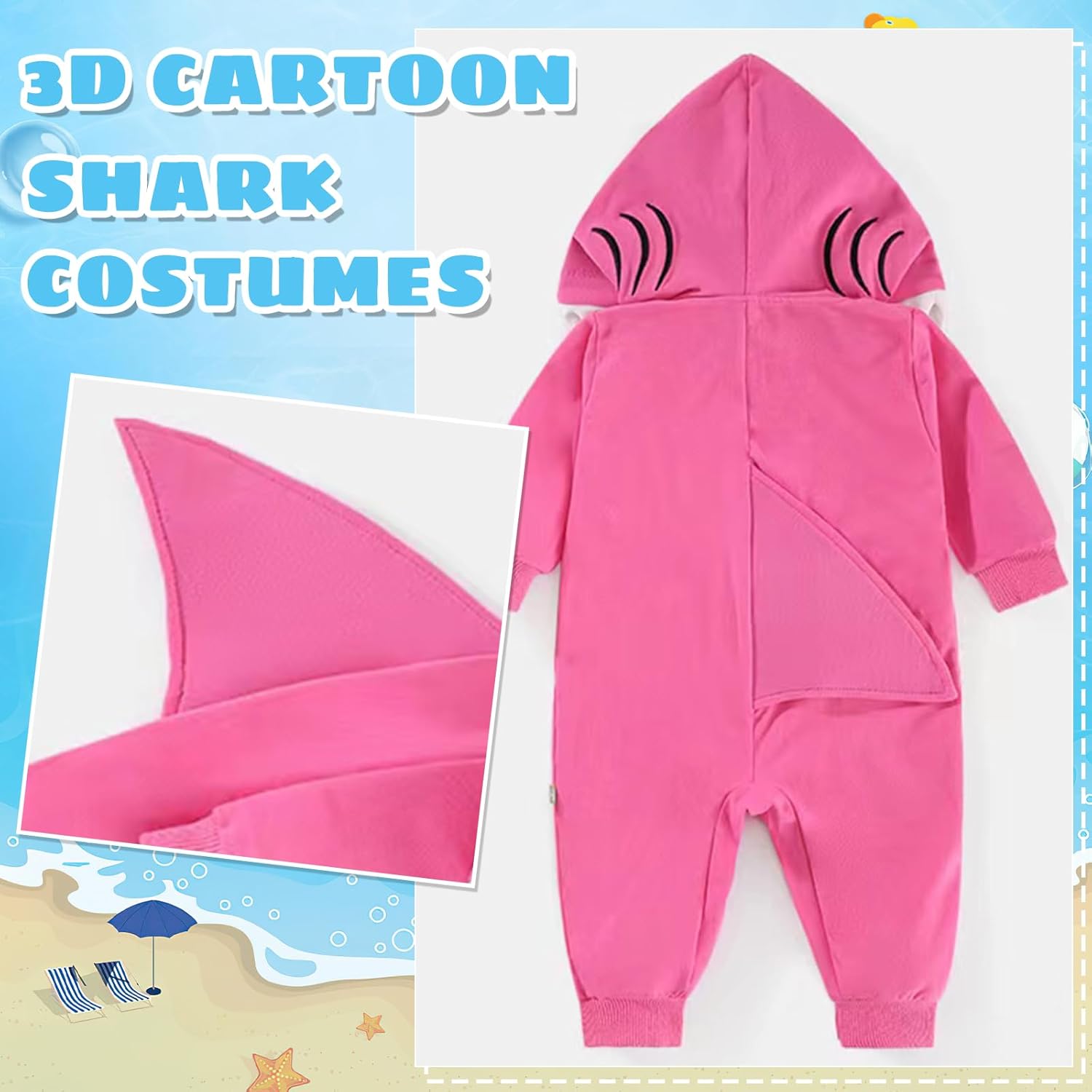 Baby Boy Girl Shark Costumes Halloween Onesie Cartoon Hooded Romper Jumpsuit Outfit Zip Bodysuit Infant Toddler - Image 4