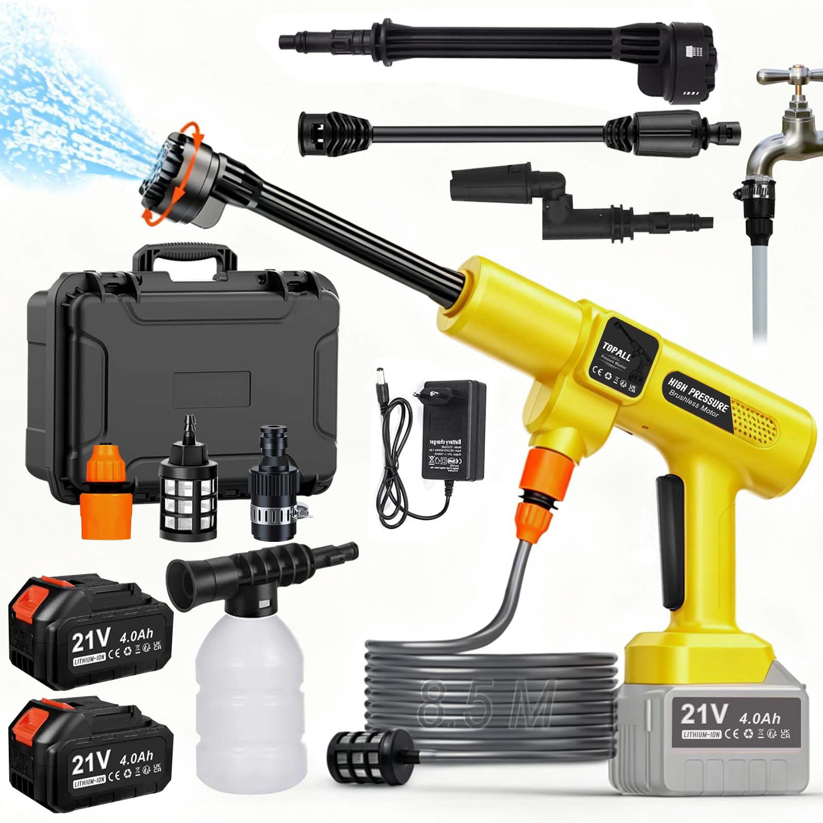 TOPALL Cordless Pressure Washer Max 45 Bar/652PSI,Portable Pressure Washer Battery Powered with 2 * 4Ah Batteries,8.5M Hose,6-in-1 Nozzle,Portable Cordless Jet Wash for Car,Floor,Garden Cleaning