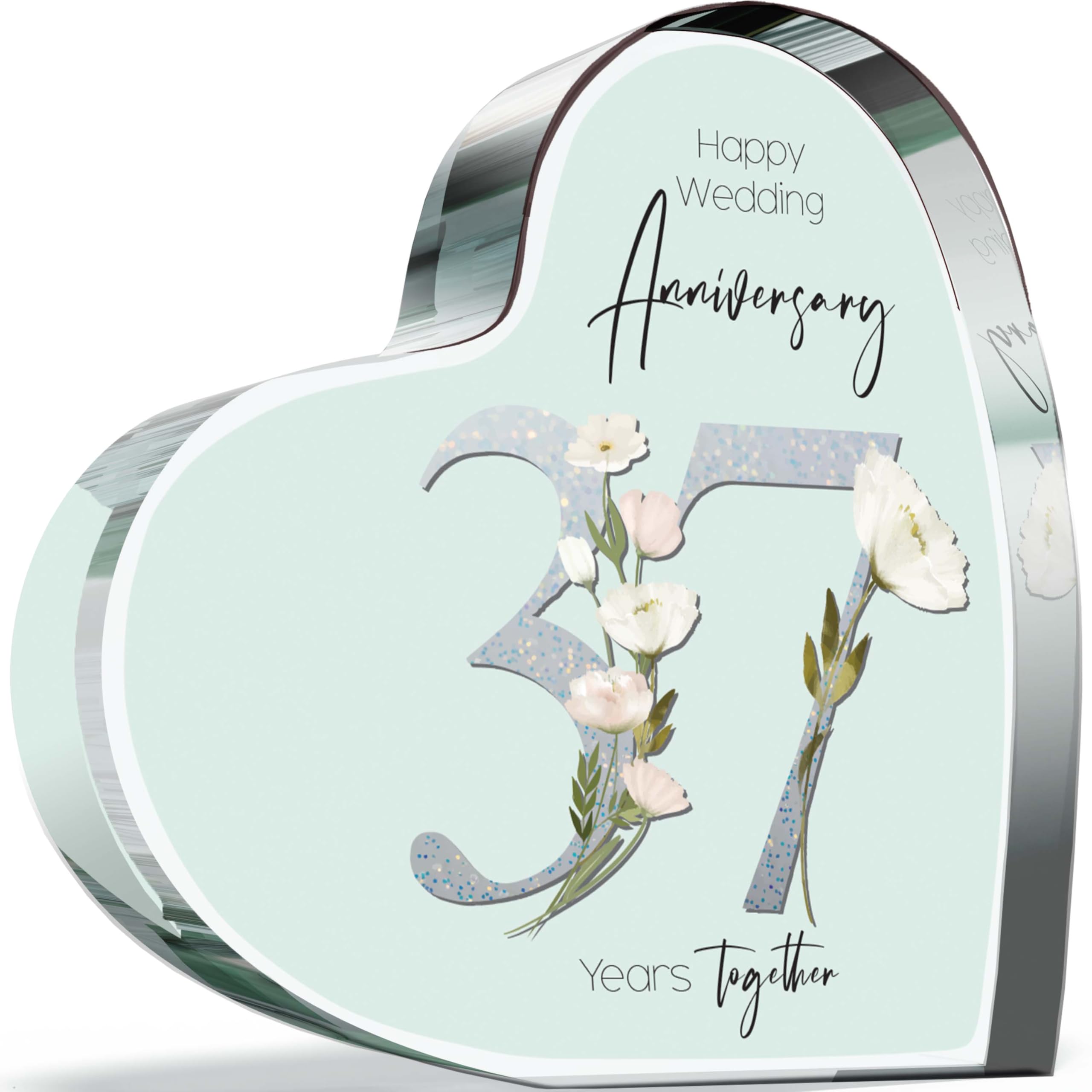 37th Anniversary Plaque Gifts for Wife Husband - 37 Years Together - I Love You Romantic Acrylic Heart Gift For Women Men, 100mm Floral Present For Couples Thirty-Seventh Anniversaries