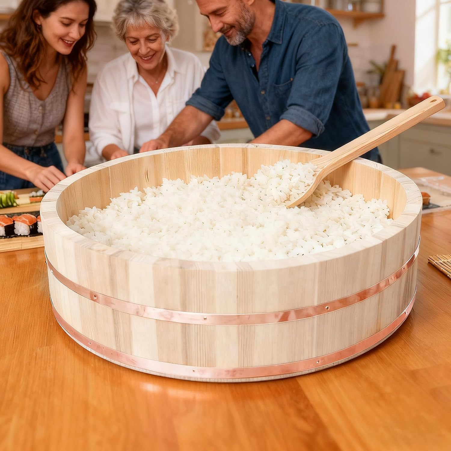 Professional Japanese Hangiri Sushi Rice Mixing Tub Set - Wooden Oke Bowl with Paddle & Makisu, Authentic Sushi Making Kit for Home & Restaurant (4 Sizes) (23.6' inch)
