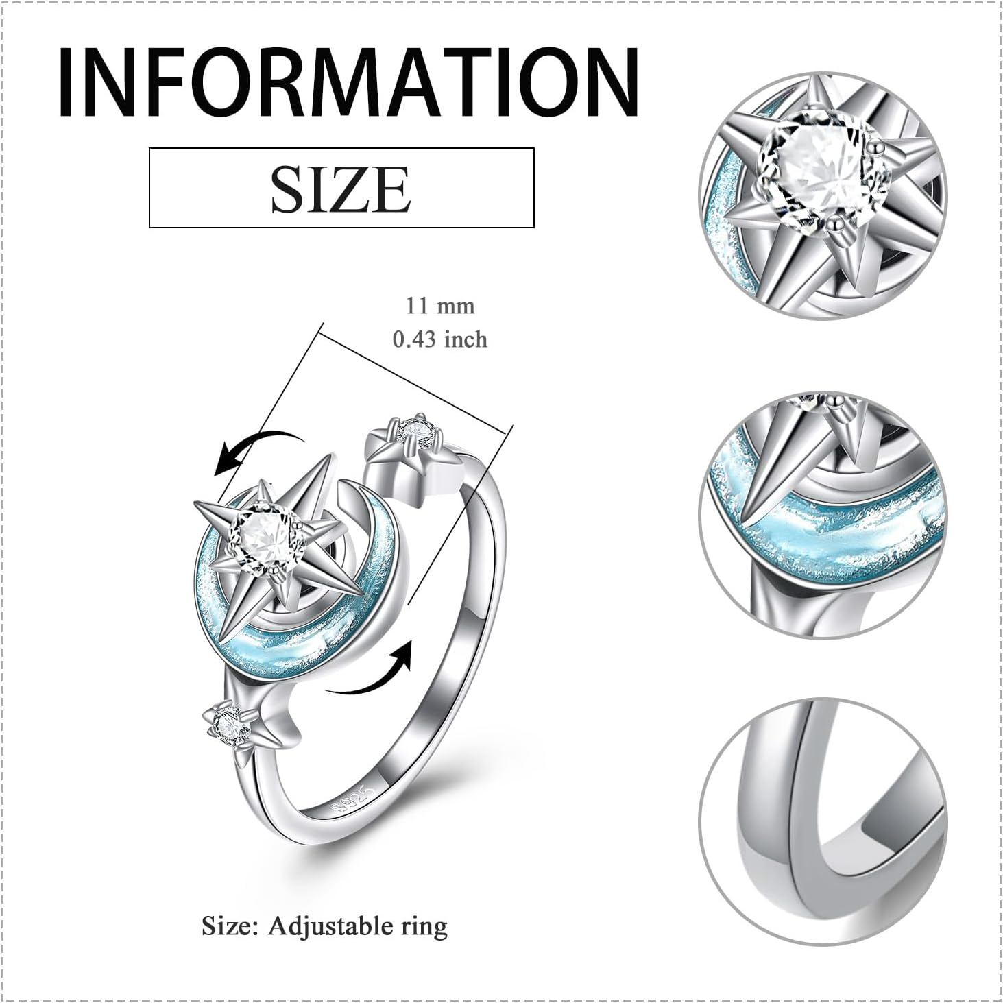 KZX Fidget Anxiety Rings for Women Moon and Star 925 Sterling Silver Spinner Rings for Anxiety Moonstone Adjustable Rings for Anxiety Star and Moon Stress Relief Rings