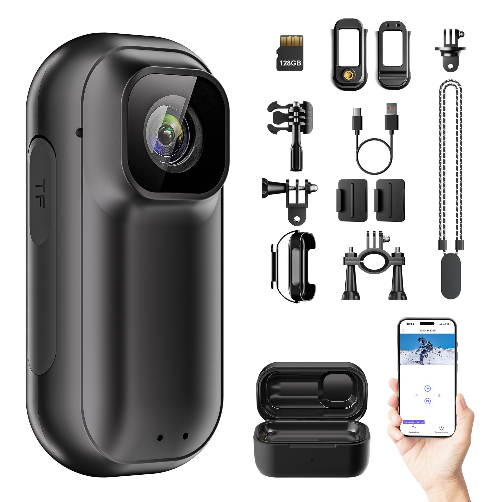 Mini-Bodycam 4K WiFi – 128 GB Action-Kamera mit 1,5-Zoll-Bildschirm | daumengroße POV-Kamera mit Ladetasche, Tragbare Sportkamera mit Zeitstempel für Sicherheit, Arbeit und Radfahren