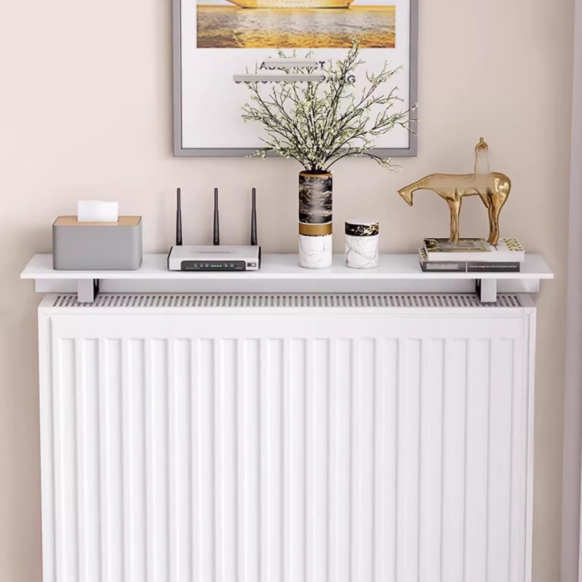 Etagere Radiateur,Tablette Radiateur Sans Percer,Cache-radiateur,étagère Flottante sur radiateur,20-160 cm Long,Couvercle de radiateur Blanc,étagère supérieure en Aluminium,pour Cuisine,Salon(70cm)