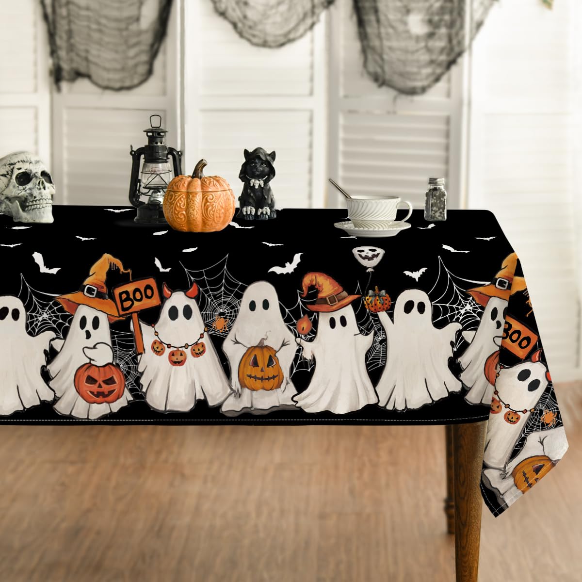 Artoid Mode Ghost Pumpkins Bats Spider Halloween Table Cloth 140x110 cm