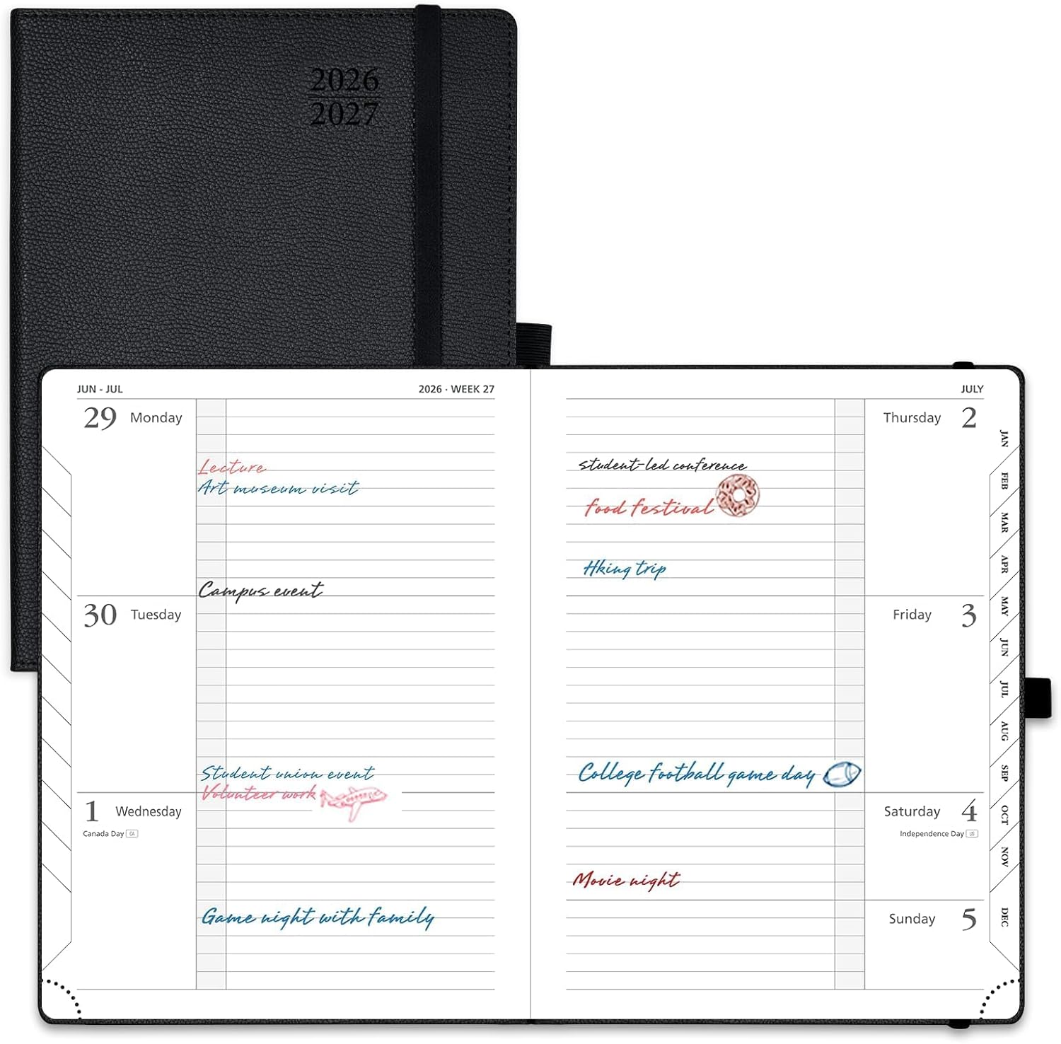 POPRUN Planner 2026-2027 (Medium 6.75"x 8.75"), Horizontal Weekly Notebook Jul.2026 - Jun.2027, Academic Appointment Book with Monthly Tabs, Leather Hardcover, Inner Pocket, 100 GSM - Black