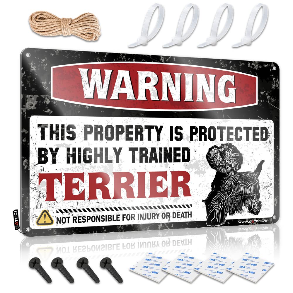 Mwfkkaddb Men's One Color Metal Signs Decor Warning This Property Is Protected By A Highly Trained Terrier Tin Sign Decaor Sign Tin Sign Funny(30X40cm)