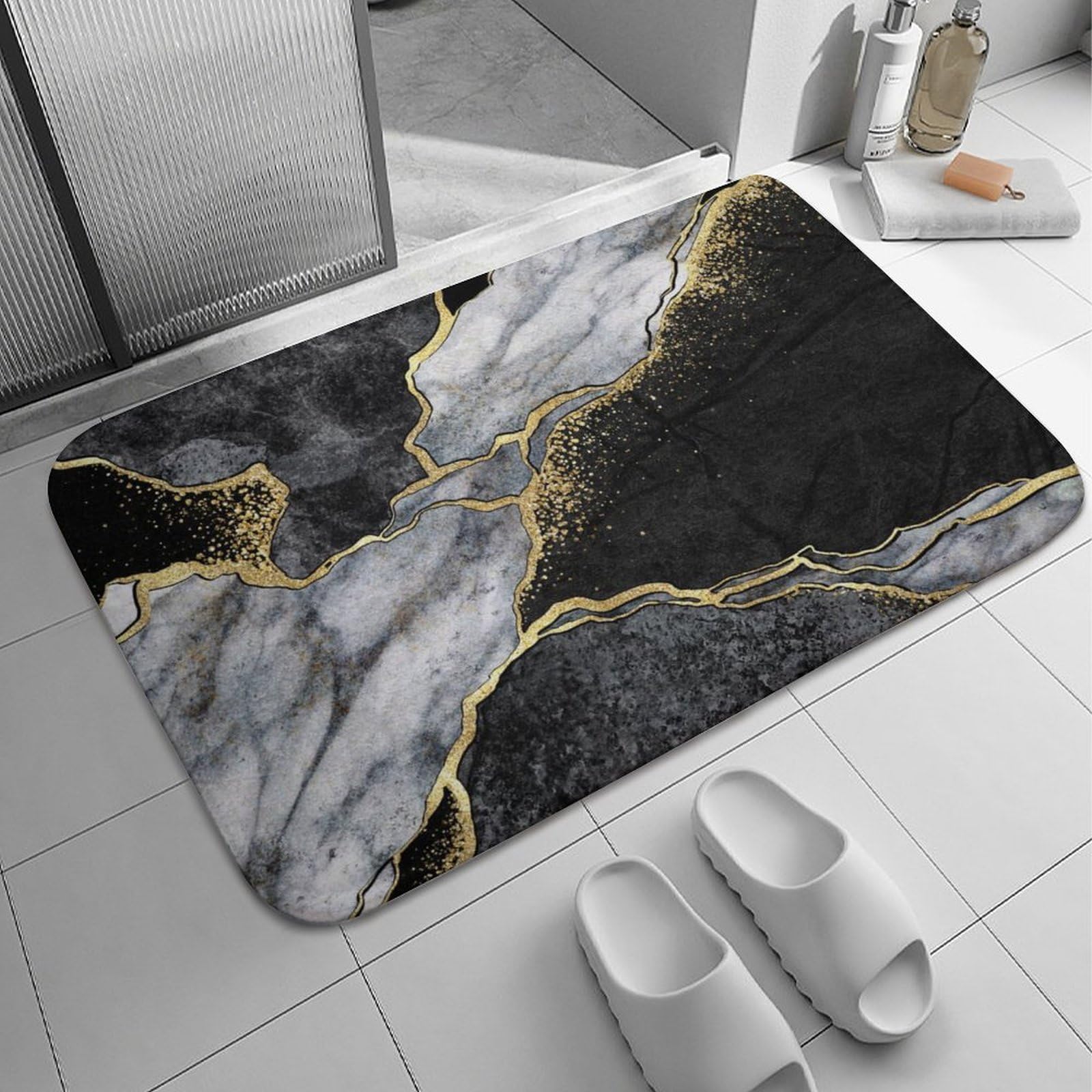 Alfombras de baño de mármol blanco y negro, antideslizante, alfombra de baño lavable para puerta interior, alfombra de cocina, alfombra para baño, hogar, oficina, sala de estar, 24.0 x 16.0 in