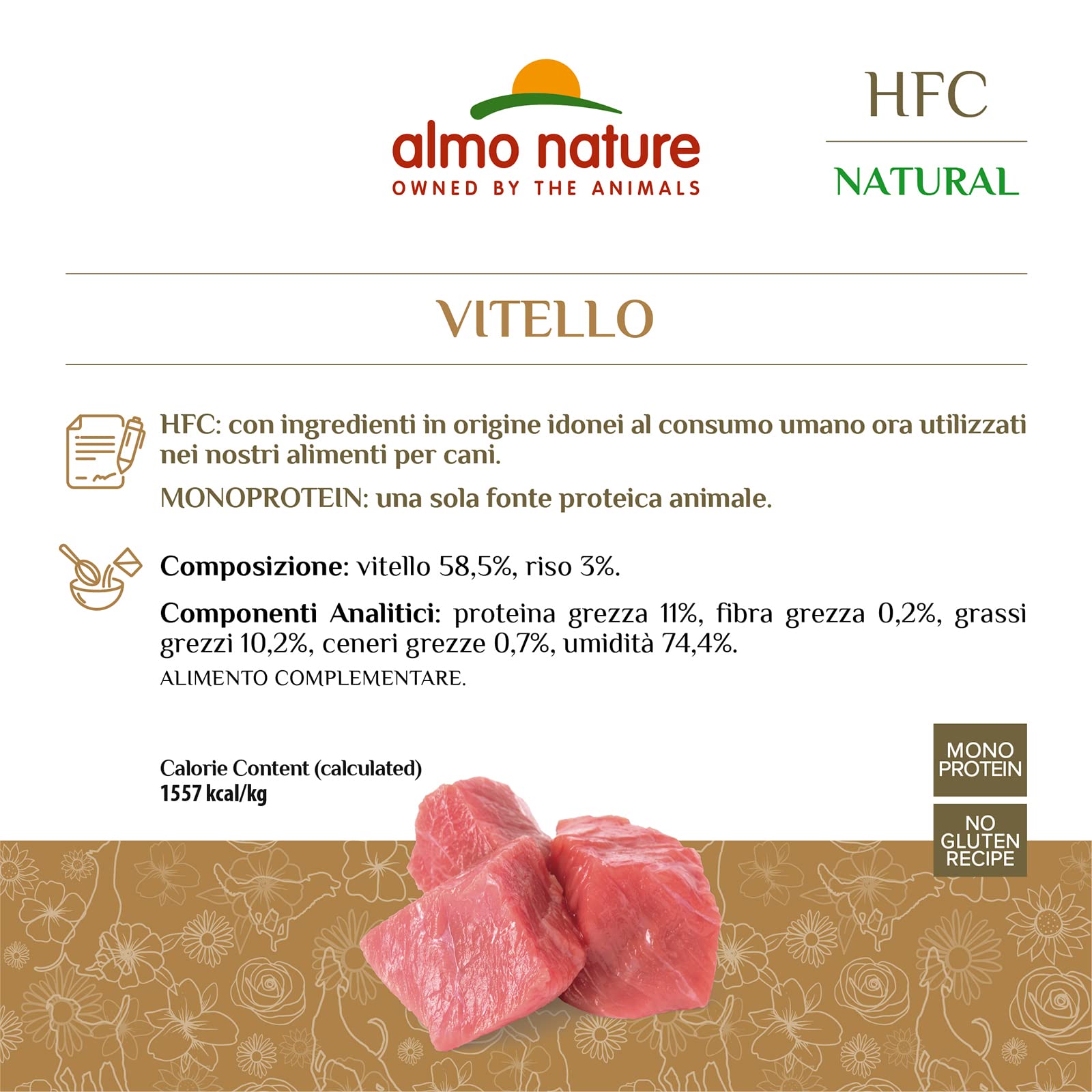 Almo Nature HFC Natural - Alimento Umido per Cani - Vitello - Qualità Human Grade, Senza Glutine, Monoproteico - 95g, Confezione da 24