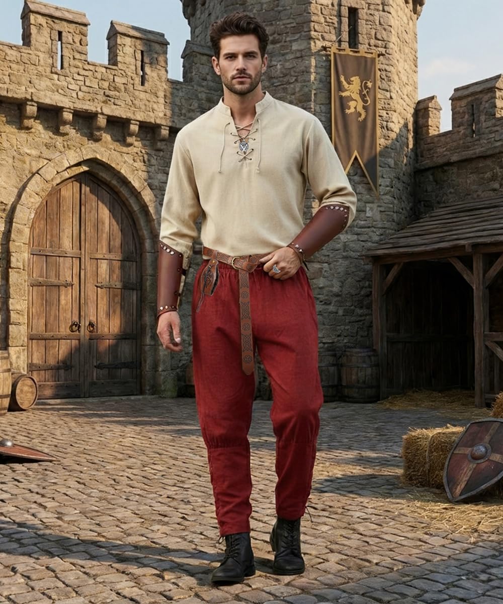 Costume Medievale Uomo, Abbigliamento Rinascimentali con Camicia Pantaloni da Pirata, Costume Carnevale Cavaliere, Regalo per Uomo, Costumi Medievale Vichingo per Halloween Cosplay