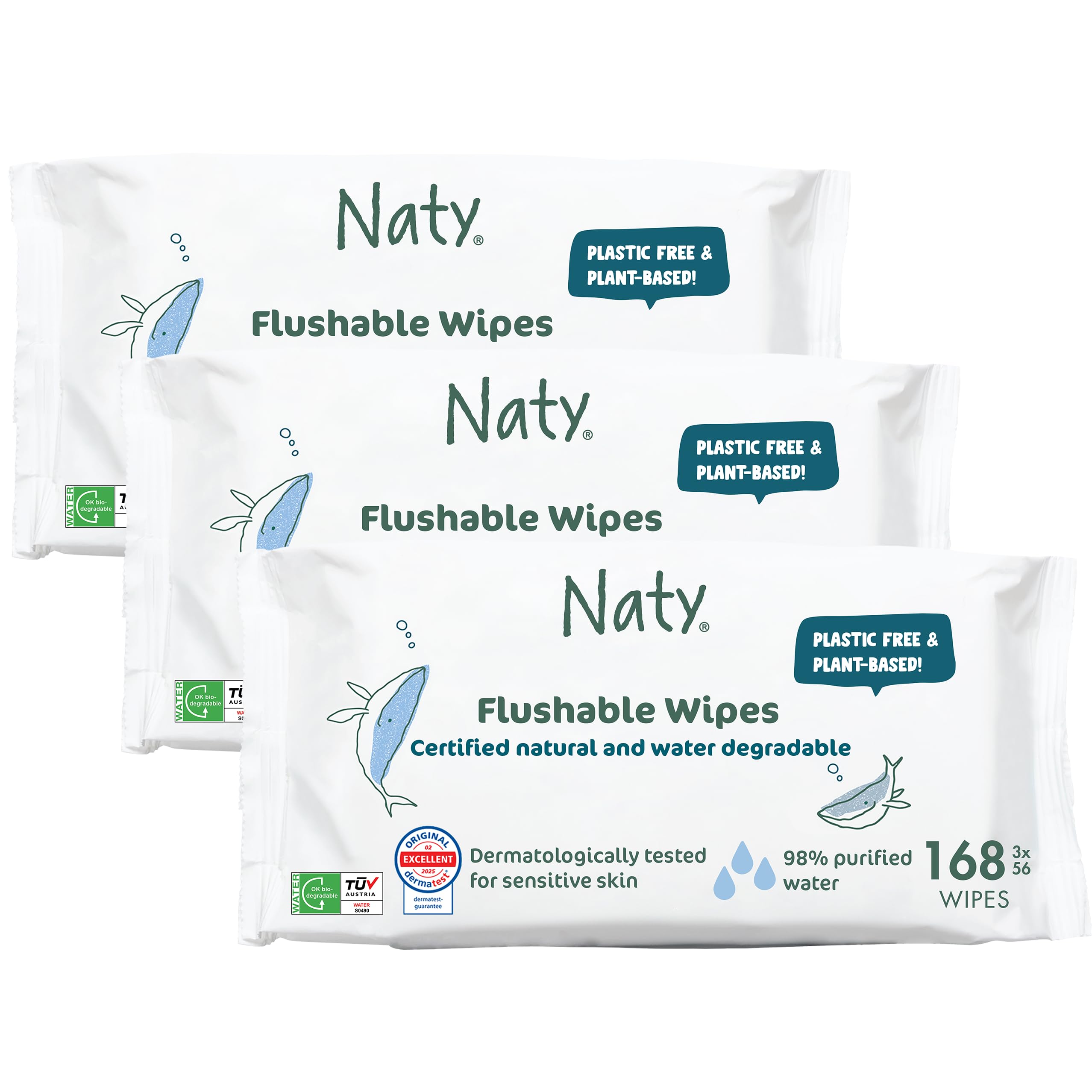 Eco by Naty Flushable Baby Wipes - Compostable and Plant-Based Wipes, Chemical-Free and Hypoallergenic Baby Wipes Safe for Baby Sensitive Skin, 56 Wipes Per Pack (3 Pk)