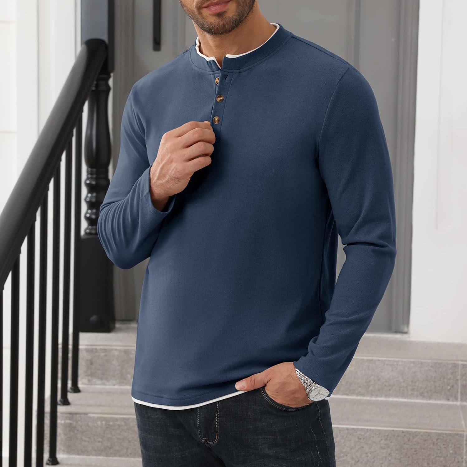 Uni Clau Men's Henley Shirts Classic Button T-Shirt Long Sleeve Casual Thermal Pullover Shirt - Image 5