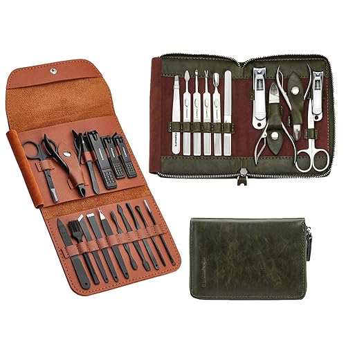 FAMILIFE Juego de manicura, kit de uñas 11 en 1, kit de pedicura de acero inoxidable para hombre, kit de manicura de cuero y regalos para hombres, y