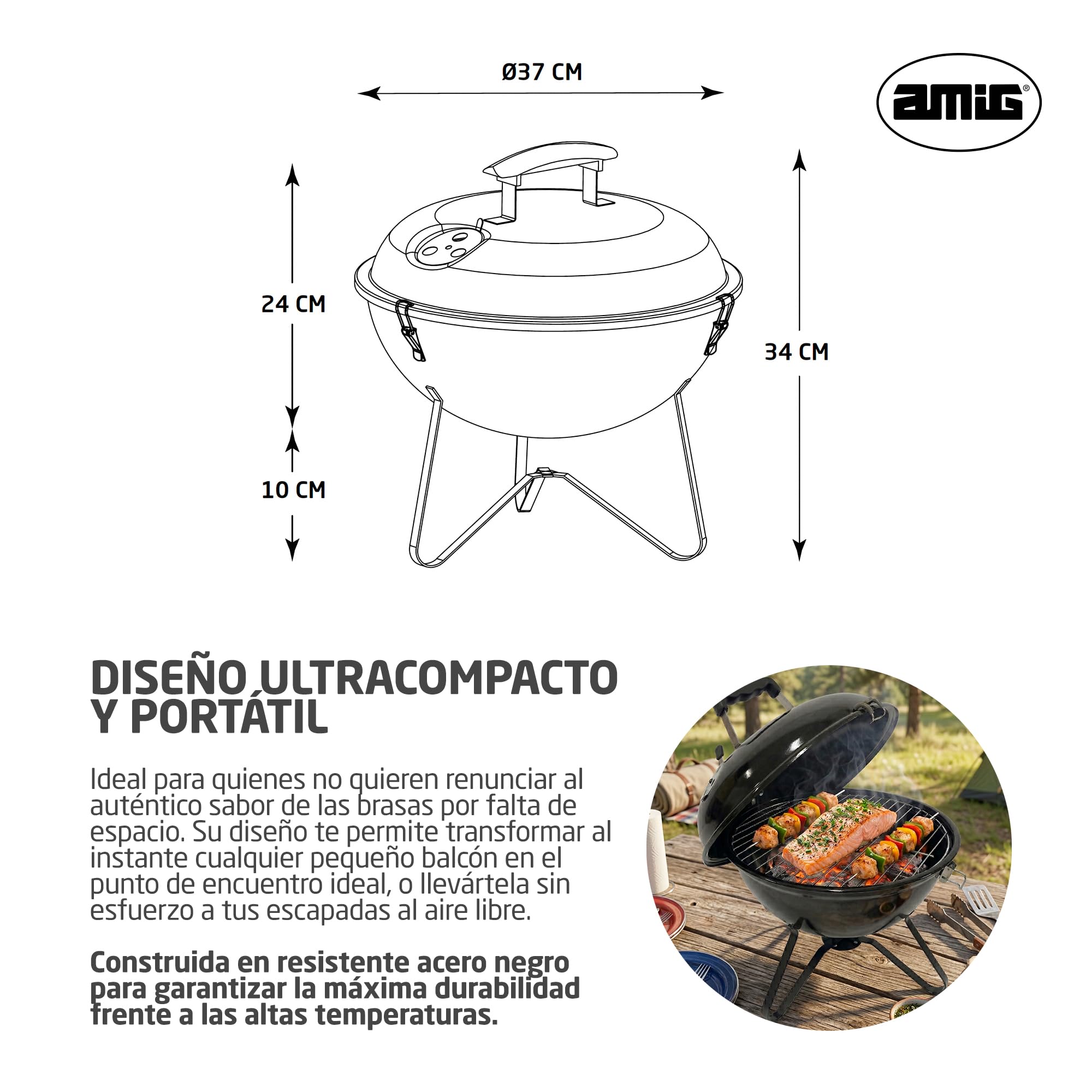 Amig - Barbacoa de carbón - 37 x 37 x 45 cm - Negro - Fabricado en Acero - Jardín y Patio. Mod. KRYPTA