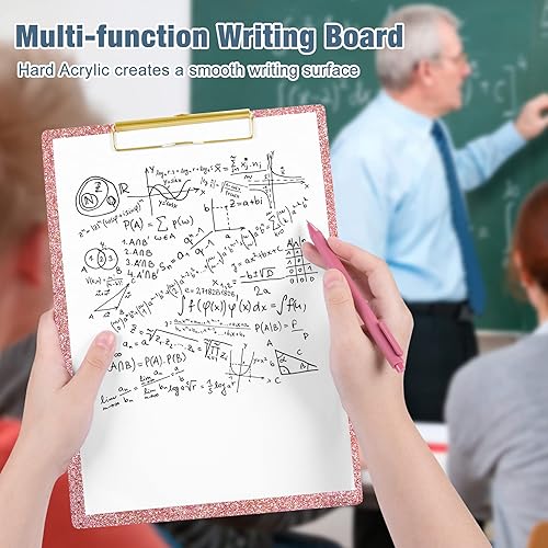 Miniatura 5 de Piasoenc Portapapeles acrílicos, tablero de clip con purpurina de moda con clip dorado de perfil bajo, diseñado para uso en el aula, la escuela y la