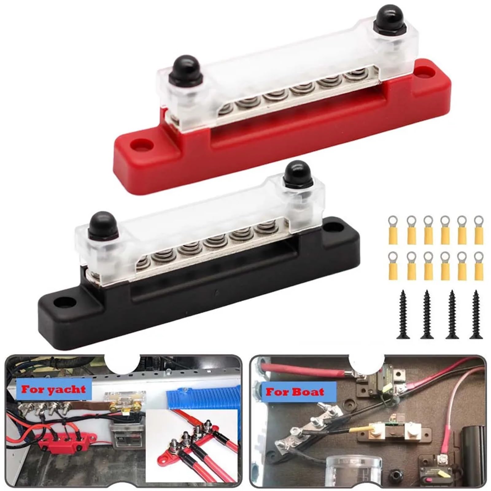 Barra colectora Bloque de terminales coche M6, barra bus negativa, bloque 12V 150A, distribución energía 1/4", autobús termianl M8 for barco automotriz(8P Black And Red)
