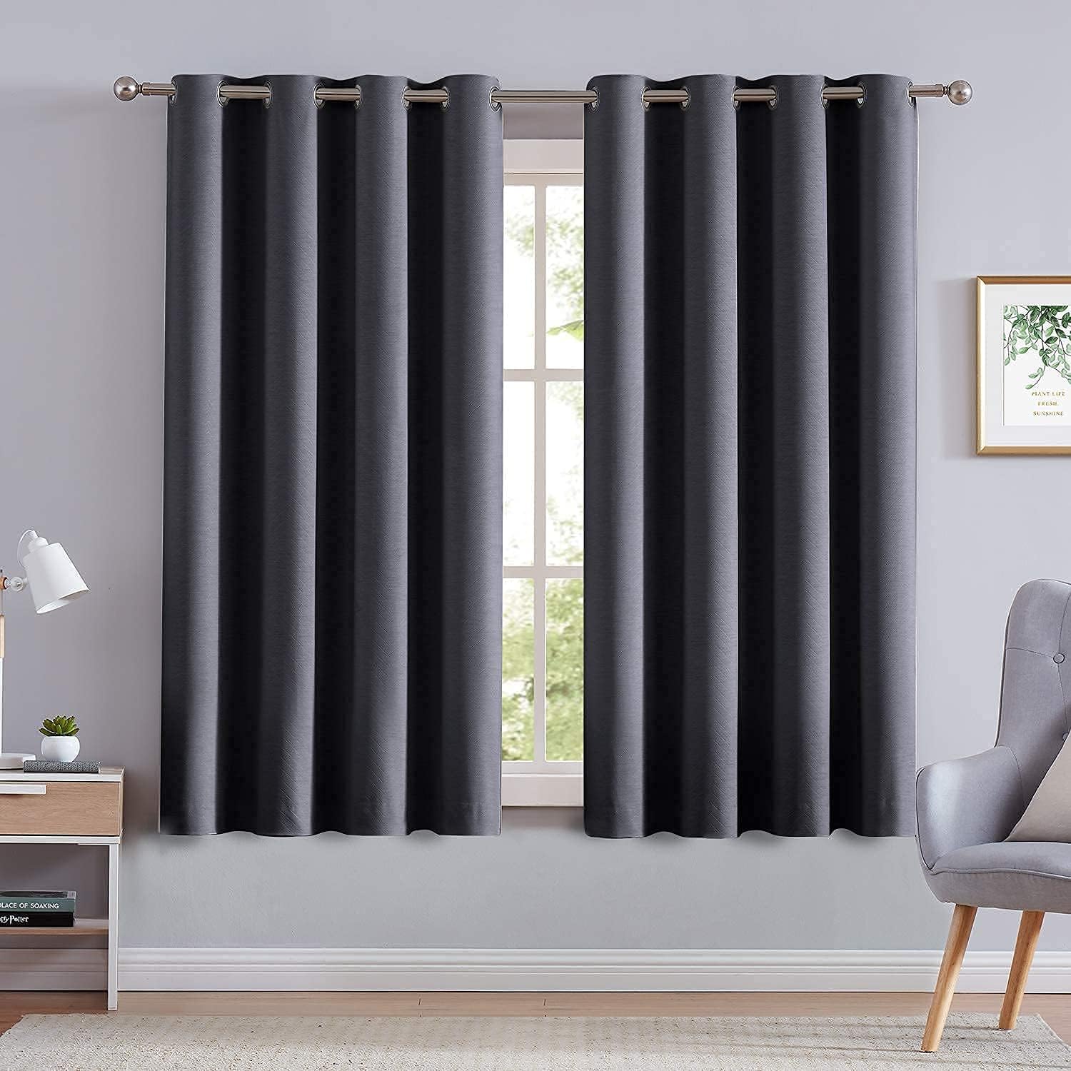 Treatmentex Grey Linen Blackout Curtains for Bedroom 63" Geometric Chevron Window Drapes Grommet Top Charcoal 2 Panels