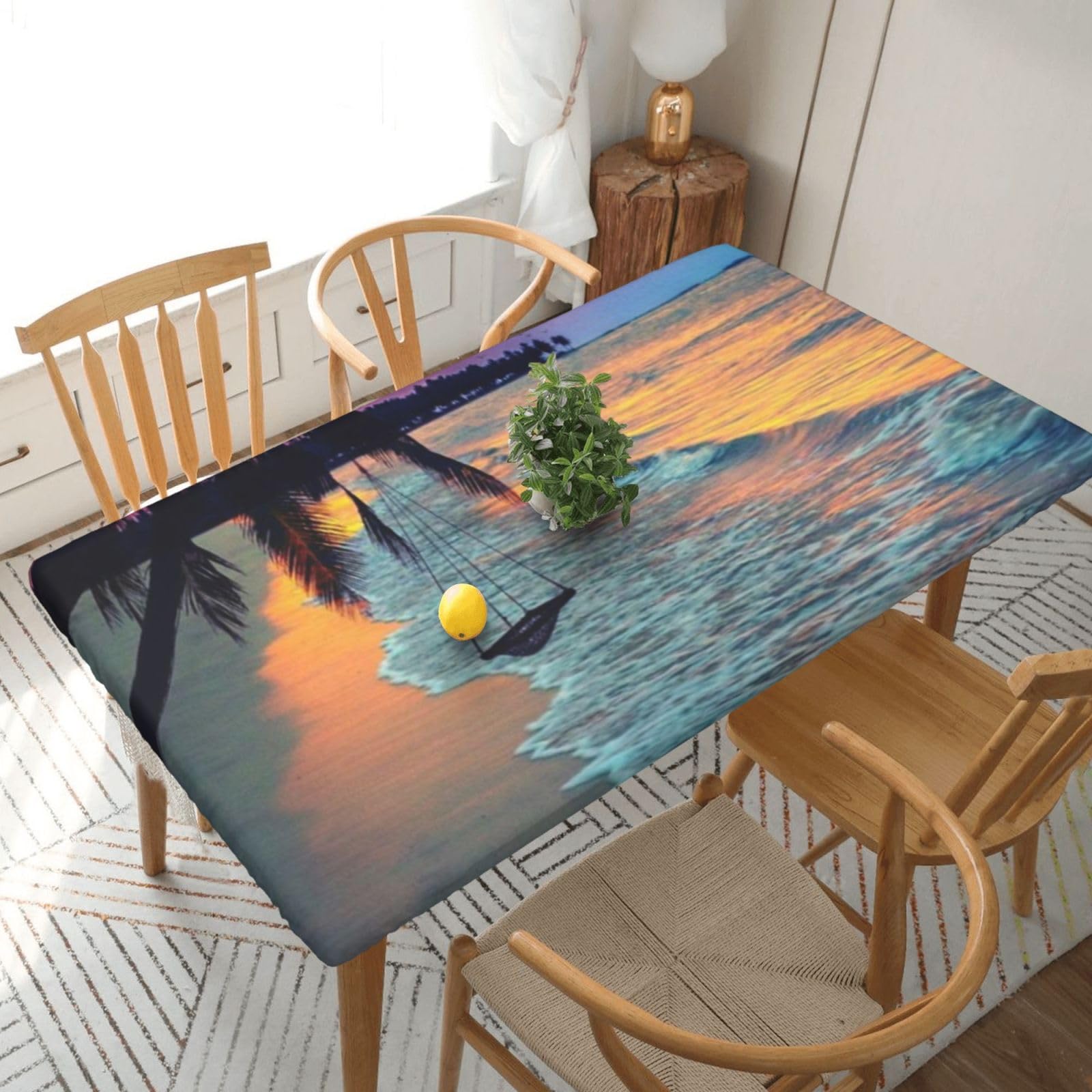 BNVSADC Coconut Beach Sunset Hammock Printed 5FT Tablecloth Polyester Kitchen Water Resistant Table Cloth Dining Table Decoration Table Covers, 152x76 CM